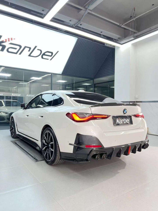 BMW 4 Series Gran Coupe M440i 430i (with M-package bumper, does not fit base model) G26 2022-ON with Aftermarket Parts - Rear Diffuser & Canards Pre-preg Carbon Fiber from Karbel Carbon