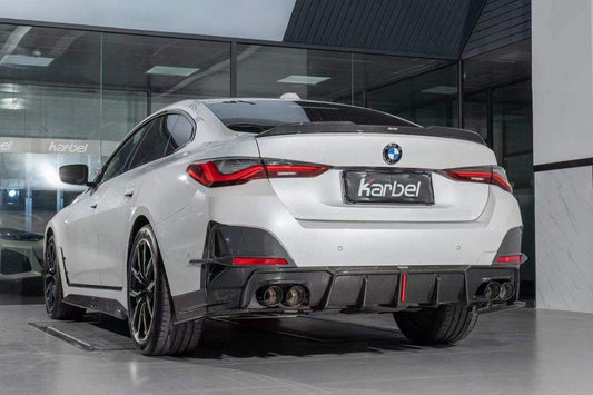 BMW 4 Series Gran Coupe M440i 430i (with M-package bumper, does not fit base model) G26 2022-ON with Aftermarket Parts - Rear Diffuser & Canards Pre-preg Carbon Fiber from Karbel Carbon