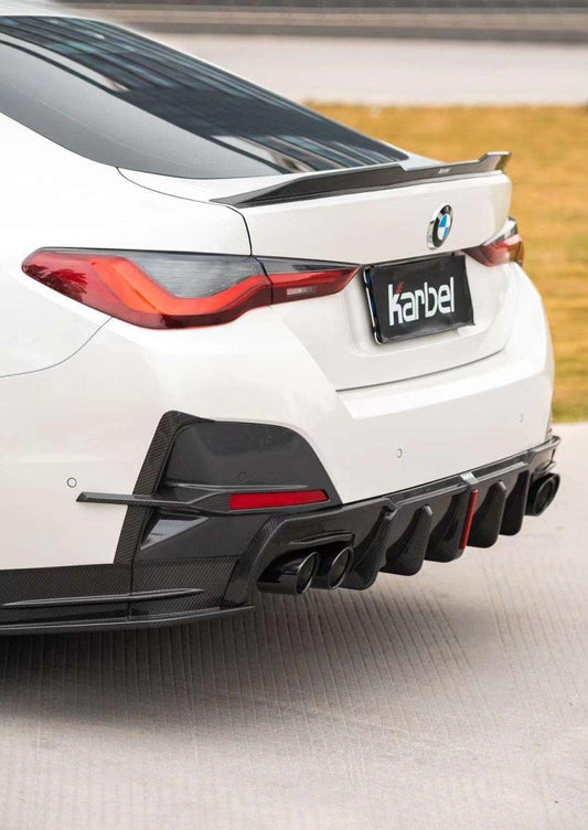 BMW 4 Series Gran Coupe M440i 430i (with M-package bumper, does not fit base model) G26 2022-ON with Aftermarket Parts - Rear Diffuser & Canards Pre-preg Carbon Fiber from Karbel Carbon