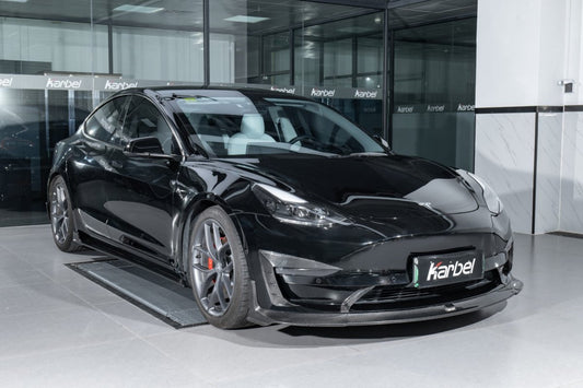 Tesla Model 3/P 2017-2023 with Aftermarket Parts - Front Lip Pre-preg Carbon Fiber from Karbel Carbon