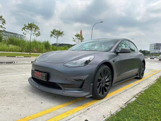 Tesla Model 3/P 2017-2023 with Aftermarket Parts - Front Lip Pre-preg Carbon Fiber from Karbel Carbon