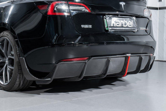 Tesla Model 3/P 2017 2018 2019 2020 2021 2022 2023 with Aftermarket Parts - Rear Diffuser & Canards Pre-preg Carbon Fiber from Karbel Carbon