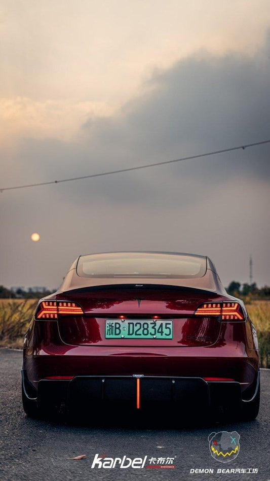 Tesla Model 3/P 2017 2018 2019 2020 2021 2022 2023 with Aftermarket Parts - Rear Diffuser & Canards Pre-preg Carbon Fiber from Karbel Carbon