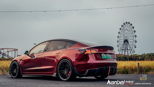 Tesla Model 3/P 2017-2023 with Aftermarket Parts - Rear Spoiler Pre-preg Carbon Fiber from Karbel Carbon