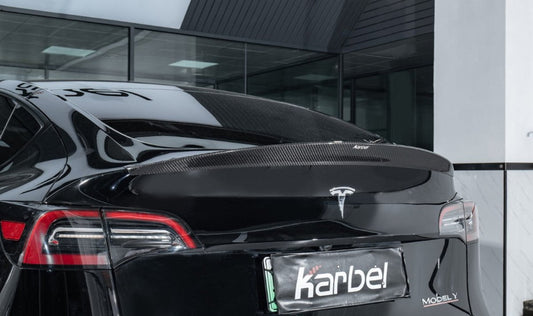 Tesla Model Y 2020-ON with Aftermarket Parts - Rear Spoiler Pre-preg Carbon Fiber from Karbel Carbon