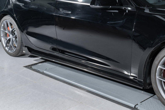 Tesla Model 3/P 2017-2023 with Aftermarket Parts - Side Skirts Pre-preg Carbon Fiber from Karbel Carbon