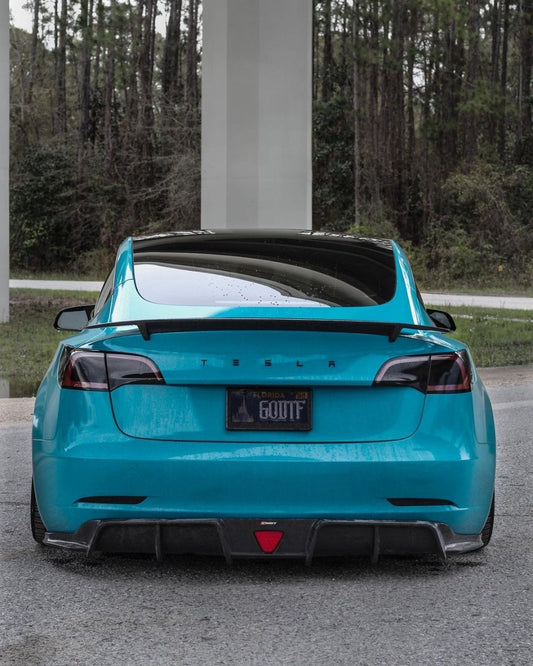 Tesla Model 3 Performance Long Range Standard Base 2017-2023 with Aftermarket Parts - V3 Style Rear Duck Bill Tail Spoiler Carbon Fiber / FRP from CMST Tuning