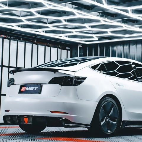 Tesla Model 3 Performance Long Range Standard Base 2017-2023 with Aftermarket Parts - V3 Style Rear Duck Bill Tail Spoiler Carbon Fiber / FRP from CMST Tuning