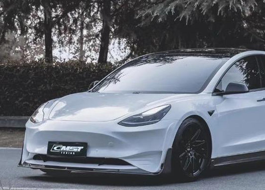 Tesla Model 3 Performance Long Range Standard Base 2017-2023 with Aftermarket Parts - V2 Style Front Bumper & Lip Splitter Carbon Fiber / FRP from CMST Tuning