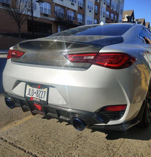 Infiniti Q60 Red Sport 400 Premium Luxe Sport Pure 2017-2022 with Aftermarket Parts - Rear Diffuser & Canards Carbon Fiber from CMST Tuning
