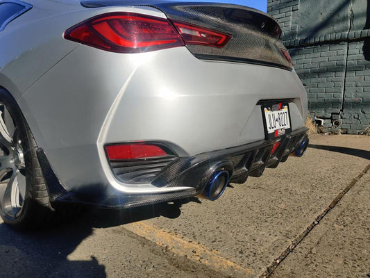 Infiniti Q60 Red Sport 400 Premium Luxe Sport Pure 2017-2022 with Aftermarket Parts - Rear Diffuser & Canards Carbon Fiber from CMST Tuning
