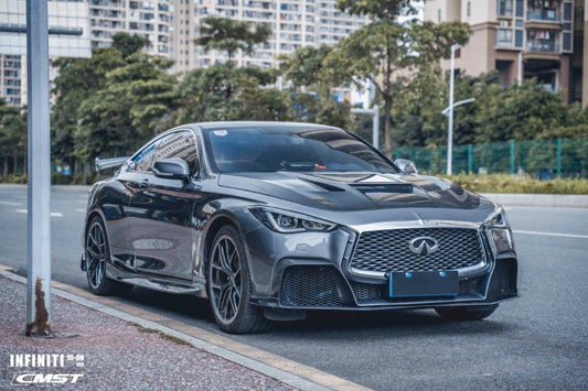 Infiniti Q60 Red Sport 400 Premium Luxe Sport Pure 2017 2018 2019 2020 2021 2022 with Aftermarket Parts - Tempered Glass Clearview Hood Bonnet Carbon Fiber / FRP from  CMST Tuning