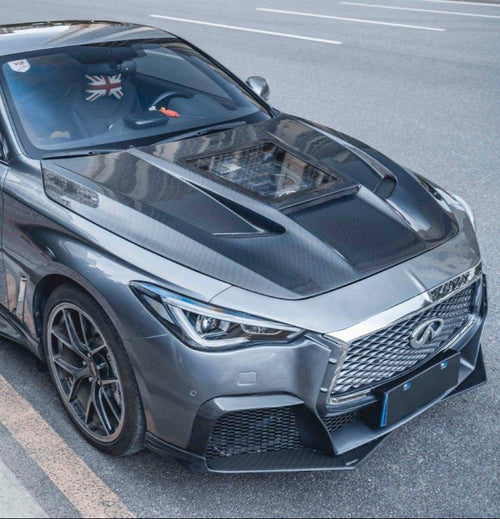 Infiniti Q60 Red Sport 400 Premium Luxe Sport Pure 2017 2018 2019 2020 2021 2022 with Aftermarket Parts - Tempered Glass Clearview Hood Bonnet Carbon Fiber / FRP from  CMST Tuning