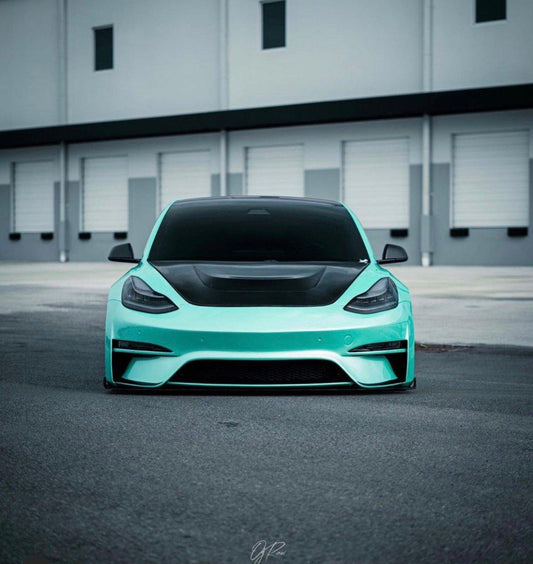 Tesla Model 3 Performance Long Range Standard Base 2017 2018 2019 2020 2021 2022 2023 with Aftermarket Parts - Crypton Front Bumper & Lip Carbon Fiber / FRP from Robot Craftsman