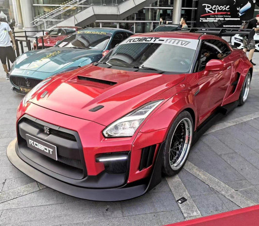 Nissan GTR Nismo Black Edition Track Edition Premium Base CBA DBA 2008 2009 2010 2011 2012 2013 2014 2015 2016 (for installation on 2017 2018 2019 2020 2021 2022 2023 2024 vehicles, 2008 2009 2010 2011 2012 2013 2014 2015 2016 hood is recommended) with Aftermarket Parts - "Godzilla" Widebody Front Bumper & Front Lip Carbon Fiber / FRP from Robot Craftsman