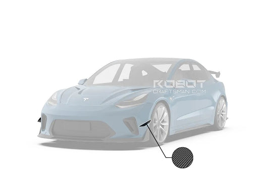 Tesla Model 3 Performance Long Range Standard Base 2017 2018 2019 2020 2021 2022 2023 with Aftermarket Parts - "Hacker" Narrow Body Front Bumper Canards Carbon Fiber / FRP from Robot Craftsman