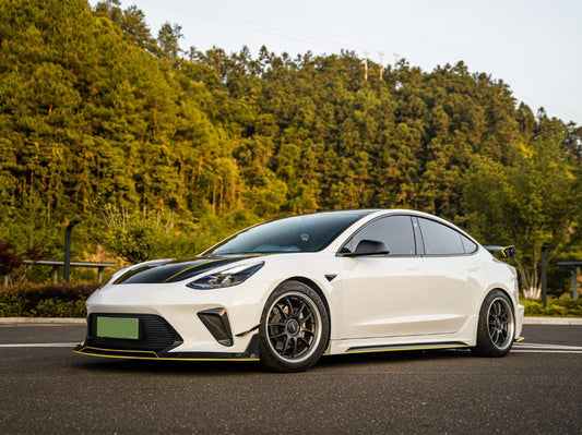 Tesla Model 3 Performance Long Range Standard Base 2017 2018 2019 2020 2021 2022 2023 with Aftermarket Parts - "HACKER" Narrow Body Front Bumper & Front Splitter Carbon Fiber / FRP from Robot Craftsman