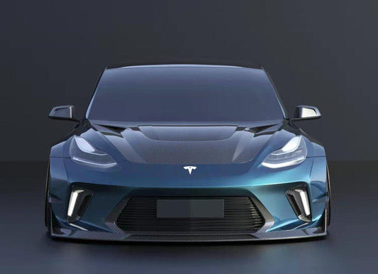 Tesla Model 3 Performance Long Range Standard Base 2017 2018 2019 2020 2021 2022 2023 with Aftermarket Parts - "HACKER" Widebody Front Bumper & Front Splitter Carbon Fiber / FRP from Robot Craftsman