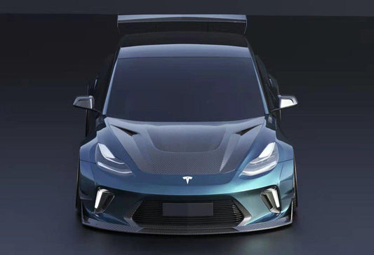 Tesla Model 3 Performance Long Range Standard Base 2017 2018 2019 2020 2021 2022 2023 with Aftermarket Parts - "HACKER" Widebody Front Bumper & Front Splitter Carbon Fiber / FRP from Robot Craftsman