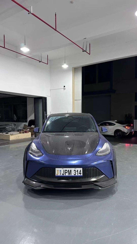 Tesla Model Y Performance AWD Long Range RWD Standard 2020 2021 2023 2024 with Aftermarket Parts - "STARSHIP" Stage 1 Corner Lip (2 pcs) & Stage 2 Corner Lip (4 pcs) & Front Bumper Carbon Fiber from Robot Craftsman