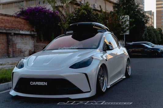 Tesla Model Y Performance AWD Long Range RWD Standard 2020 2021 2023 2024 with Aftermarket Parts - "STARSHIP" Stage 1 Corner Lip (2 pcs) & Stage 2 Corner Lip (4 pcs) & Front Bumper Carbon Fiber from Robot Craftsman