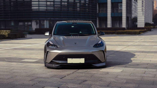 Tesla Model Y Performance AWD Long Range RWD Standard 2020 2021 2023 2024 with Aftermarket Parts - "STARSHIP" Stage 1 Corner Lip (2 pcs) & Stage 2 Corner Lip (4 pcs) & Front Bumper Carbon Fiber from Robot Craftsman