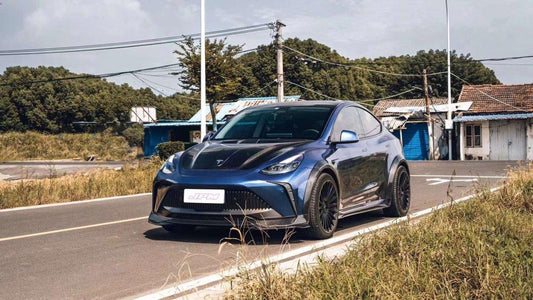 Tesla Model Y Performance AWD Long Range RWD Standard 2020 2021 2023 2024 with Aftermarket Parts - "STARSHIP" Stage 1 Corner Lip (2 pcs) & Stage 2 Corner Lip (4 pcs) & Front Bumper Carbon Fiber from Robot Craftsman