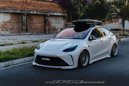 Tesla Model Y Performance AWD Long Range RWD Standard 2020 2021 2023 2024 with Aftermarket Parts - "STARSHIP" Stage 1 Corner Lip (2 pcs) & Stage 2 Corner Lip (4 pcs) & Front Bumper Carbon Fiber from Robot Craftsman