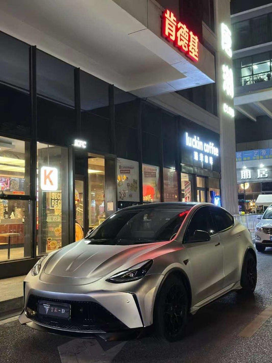 Tesla Model Y Performance AWD Long Range RWD Standard 2020 2021 2023 2024 with Aftermarket Parts - "STARSHIP" Stage 1 Corner Lip (2 pcs) & Stage 2 Corner Lip (4 pcs) & Front Bumper Carbon Fiber from Robot Craftsman