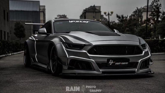 Ford Mustang Ecoboost V6 GT S550.1 2015 2016 2017 & Mustang Ecoboost V6 GT March1 Bullitt S550.1 S550.2 2015 2016 2017 2018 2019 2020 2021 2022 2023 & Mustang Ecoboost V6 GT March1 Bullitt S550.2 2018 2019 2020 2021 2022 2023 with Aftermarket Parts - STORM Widebody Front Bumper & Lip & Replacement Front Lip Only Carbon Fiber/FRP from Robot Craftsman