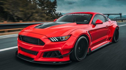 Ford Mustang Ecoboost V6 GT S550.1 2015 2016 2017 & Mustang Ecoboost V6 GT March1 Bullitt S550.1 S550.2 2015 2016 2017 2018 2019 2020 2021 2022 2023 & Mustang Ecoboost V6 GT March1 Bullitt S550.2 2018 2019 2020 2021 2022 2023 with Aftermarket Parts - STORM Widebody Front Bumper & Lip & Replacement Front Lip Only Carbon Fiber/FRP from Robot Craftsman