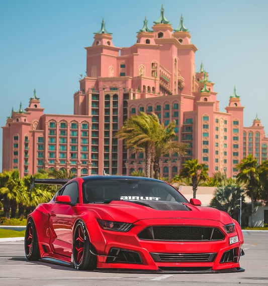 Ford Mustang Ecoboost V6 GT S550.1 2015 2016 2017 & Mustang Ecoboost V6 GT March1 Bullitt S550.1 S550.2 2015 2016 2017 2018 2019 2020 2021 2022 2023 & Mustang Ecoboost V6 GT March1 Bullitt S550.2 2018 2019 2020 2021 2022 2023 with Aftermarket Parts - STORM Widebody Front Bumper & Lip & Replacement Front Lip Only Carbon Fiber/FRP from Robot Craftsman