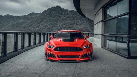 Ford Mustang Ecoboost V6 GT S550.1 2015 2016 2017 & Mustang Ecoboost V6 GT March1 Bullitt S550.1 S550.2 2015 2016 2017 2018 2019 2020 2021 2022 2023 & Mustang Ecoboost V6 GT March1 Bullitt S550.2 2018 2019 2020 2021 2022 2023 with Aftermarket Parts - STORM Widebody Front Bumper & Lip & Replacement Front Lip Only Carbon Fiber/FRP from Robot Craftsman