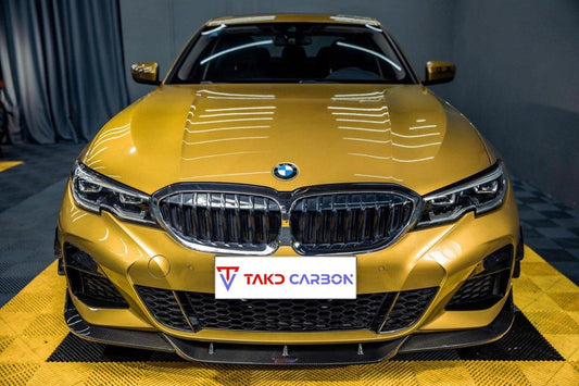 BMW 3 Series 330i (with M-package bumper, does not fit base model) M340i G20 Pre-LCI 2019 2020 2021 2022 with Aftermarket Parts - V1 Style Front Lip Pre-preg Carbon Fiber from TAKD Carbon