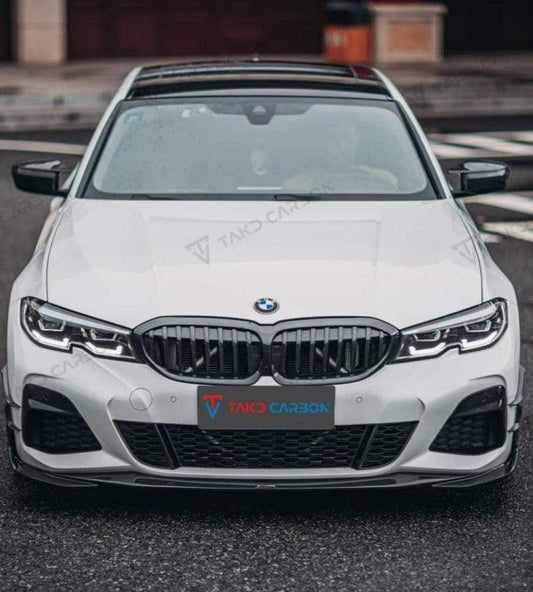 BMW 3 Series 330i (with M-package bumper, does not fit base model) M340i G20 Pre-LCI 2019 2020 2021 2022 with Aftermarket Parts - V2 Style Front Lip Pre-preg Carbon Fiber from TAKD Carbon