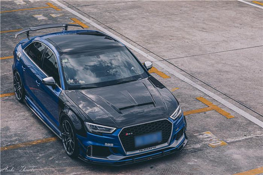 Audi RS3 S3 A3 8V/8V.5 2014 2015 2016 2017 2018 2019 2020 with Aftermarket Parts - Hood Pre-preg Carbon Fiber from TAKD Carbon