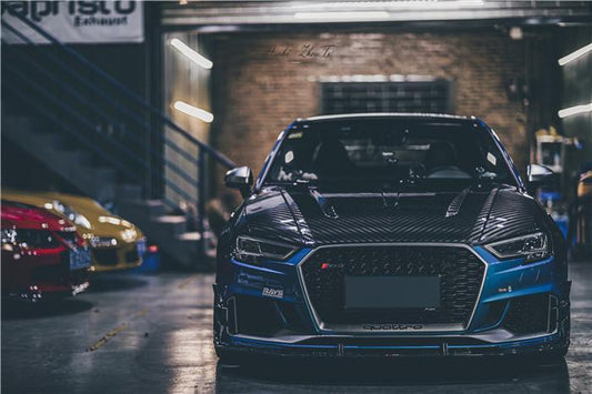 Audi RS3 8V.5 2018 2019 2020 with Aftermarket Parts - Front Canards Pre-preg Carbon Fiber from TAKD Carbon