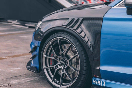 Audi RS3 8V.5 2018 2019 2020 with Aftermarket Parts - Front Canards Pre-preg Carbon Fiber from TAKD Carbon