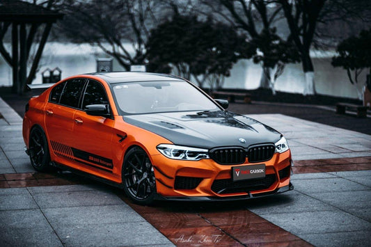 BMW M5 / M5C / M5CS F90 Pre-LCI 2018 2019 2020 with Aftermarket Parts - Front Canards Pre-preg Carbon Fiber from TAKD Carbon