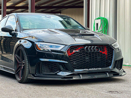 Audi RS3 8V.5 2018 2019 2020 with Aftermarket Parts - Front Lip Pre-preg Carbon Fiber from TAKD Carbon