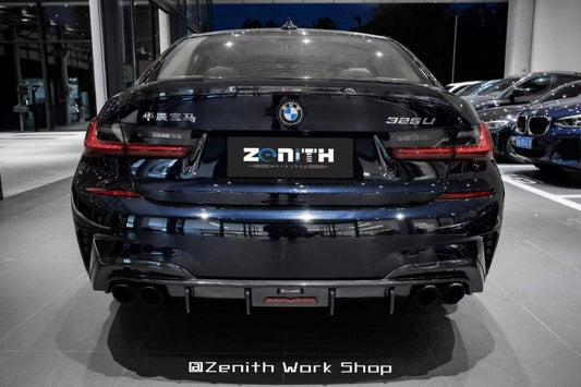 BMW 3 Series 330i (with M-package bumper, does not fit base model) M340i G20 Pre-LCI 2019 2020 2021 2022 with Aftermarket Parts - V2 Style Rear Diffuser & Canards Pre-preg Carbon Fiber from TAKD Carbon