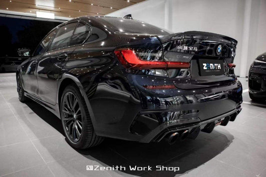 BMW 3 Series 330i (with M-package bumper, does not fit base model) M340i G20 Pre-LCI 2019 2020 2021 2022 with Aftermarket Parts - V2 Style Rear Diffuser & Canards Pre-preg Carbon Fiber from TAKD Carbon