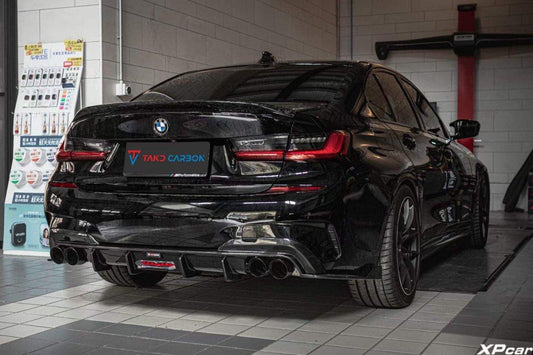 BMW 3 Series 330i (with M-package bumper, does not fit base model) M340i G20 Pre-LCI 2019 2020 2021 2022 with Aftermarket Parts - V2 Style Rear Diffuser & Canards Pre-preg Carbon Fiber from TAKD Carbon