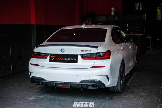 BMW 3 Series 330i (with M-package bumper, does not fit base model) M340i G20 Pre-LCI 2019 2020 2021 2022 with Aftermarket Parts - V2 Style Rear Diffuser & Canards Pre-preg Carbon Fiber from TAKD Carbon