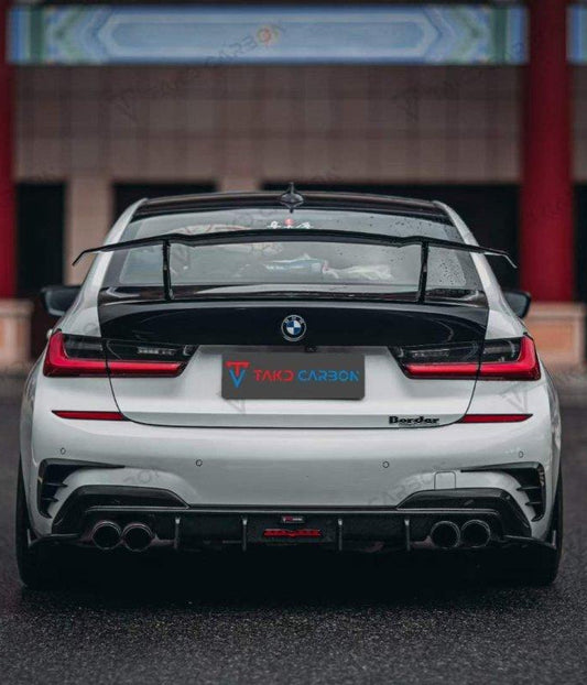 BMW 3 Series 330i (with M-package bumper, does not fit base model) M340i G20 Pre-LCI 2019 2020 2021 2022 with Aftermarket Parts - V2 Style Rear Diffuser & Canards Pre-preg Carbon Fiber from TAKD Carbon