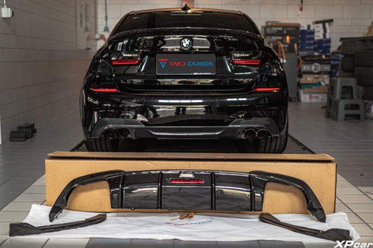 BMW 3 Series 330i (with M-package bumper, does not fit base model) M340i G20 Pre-LCI 2019 2020 2021 2022 with Aftermarket Parts - V2 Style Rear Diffuser & Canards Pre-preg Carbon Fiber from TAKD Carbon