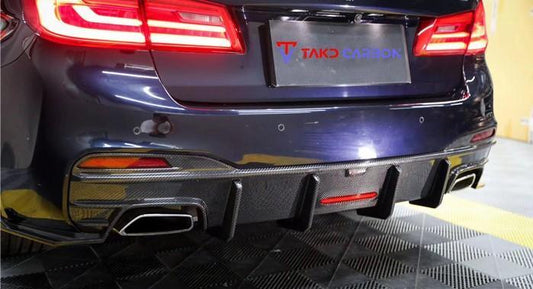 BMW 5 series M550 540 530 (with M-package bumper, does not fit base model) G30 Pre-LCI 2017 2018 2019 2020 with Aftermarket Parts - Rear Diffuser & Canards Pre-preg Carbon Fiber from TAKD Carbon