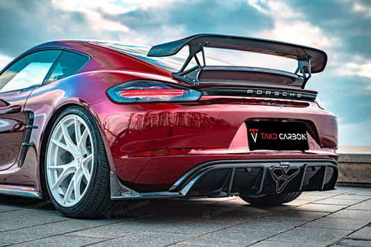 Porsche 718 Cayman / GTS 2017-ON with Aftermarket Parts - V2 Rear Wing Pre-preg Carbon Fiber from TAKD Carbon