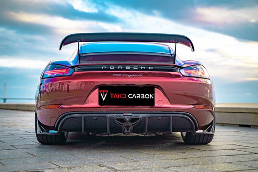 Porsche 718 Cayman / GTS 2017-ON with Aftermarket Parts - V2 Rear Wing Pre-preg Carbon Fiber from TAKD Carbon