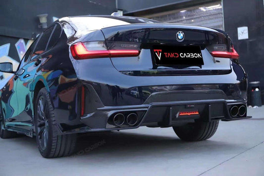 BMW 3 Series 330i (with M-package bumper, does not fit base model) M340i G20 LCI 2023-ON with Aftermarket Parts - V1 Style Rear Diffuser & Canards Pre-preg Carbon Fiber from TAKD Carbon